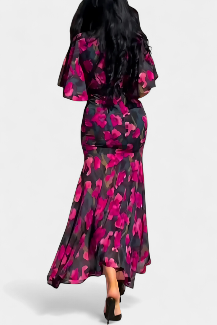 Sima Kryžminė Suknelė su V Formos Dekolte ir Išplečiamomis Rankovėmis