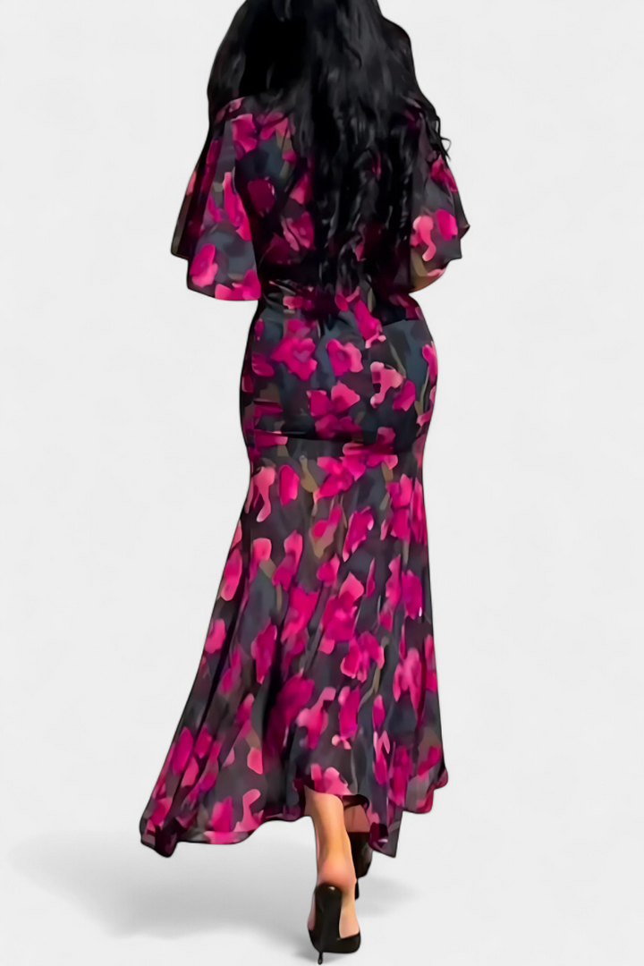 Sima Kryžminė Suknelė su V Formos Dekolte ir Išplečiamomis Rankovėmis