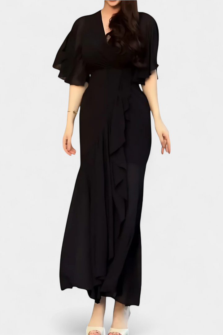 Sima Kryžminė Suknelė su V Formos Dekolte ir Išplečiamomis Rankovėmis