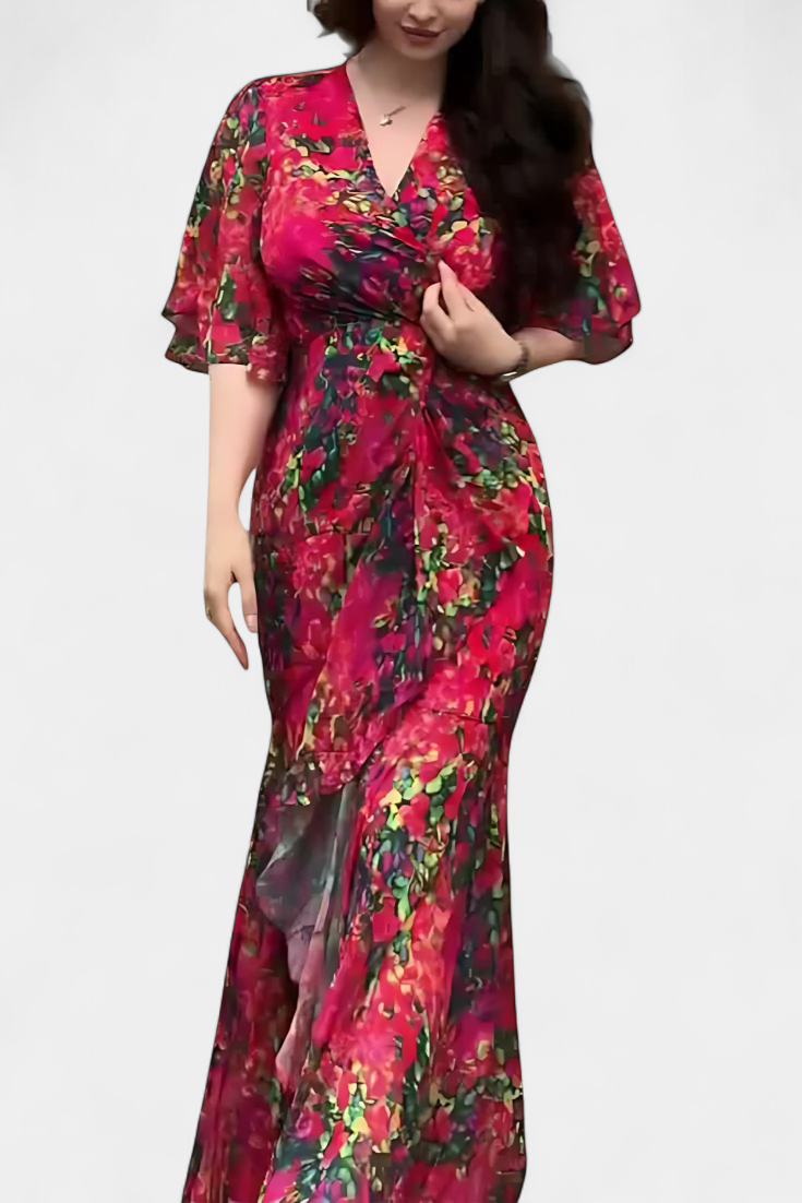 Sima Kryžminė Suknelė su V Formos Dekolte ir Išplečiamomis Rankovėmis