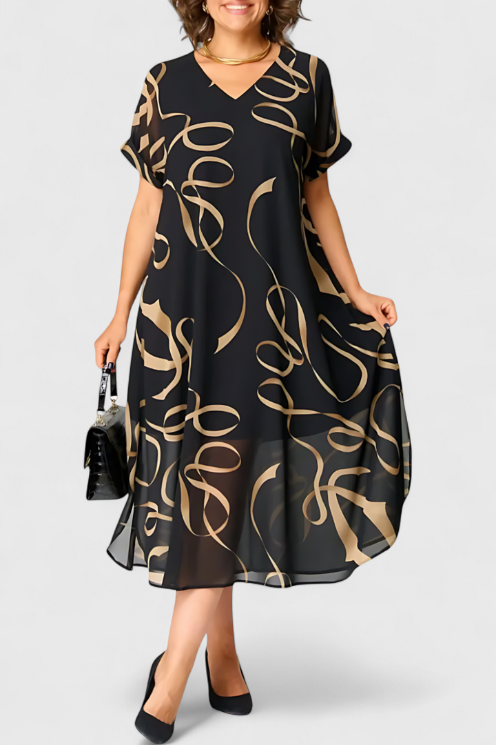 Kaftan Jillian Melns com Padrão Abstrato Dourado e Decote em V