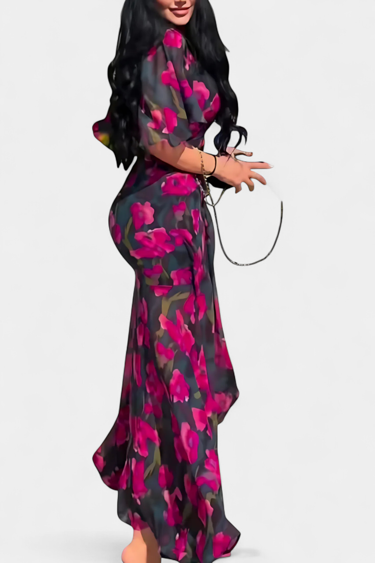 Sima Kryžminė Suknelė su V Formos Dekolte ir Išplečiamomis Rankovėmis