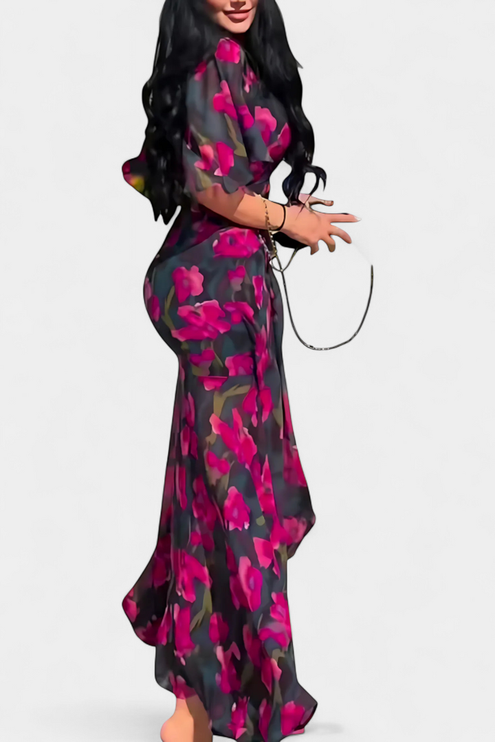 Sima Kryžminė Suknelė su V Formos Dekolte ir Išplečiamomis Rankovėmis