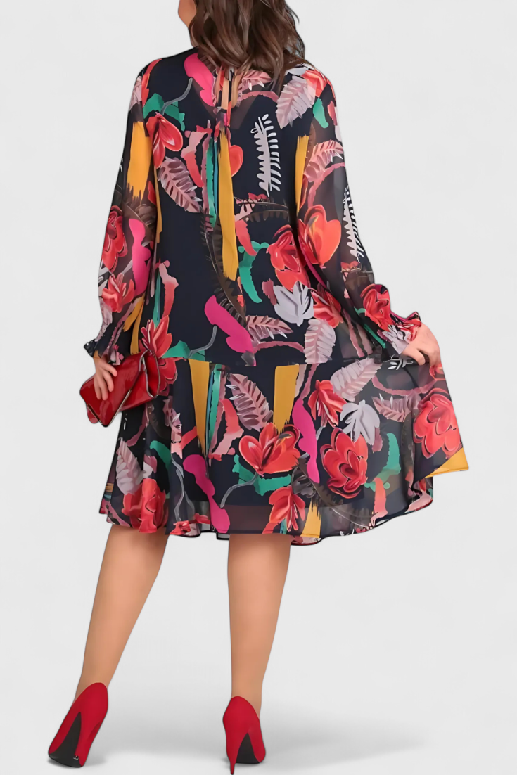 Annegret Midi Gėlių Suknelė su Ilgomis Rankovėmis ir Plazdančiu Siluetu