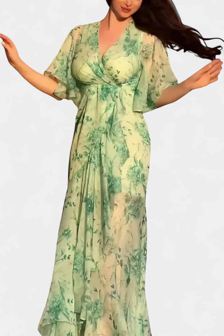 Sima Kryžminė Suknelė su V Formos Dekolte ir Išplečiamomis Rankovėmis