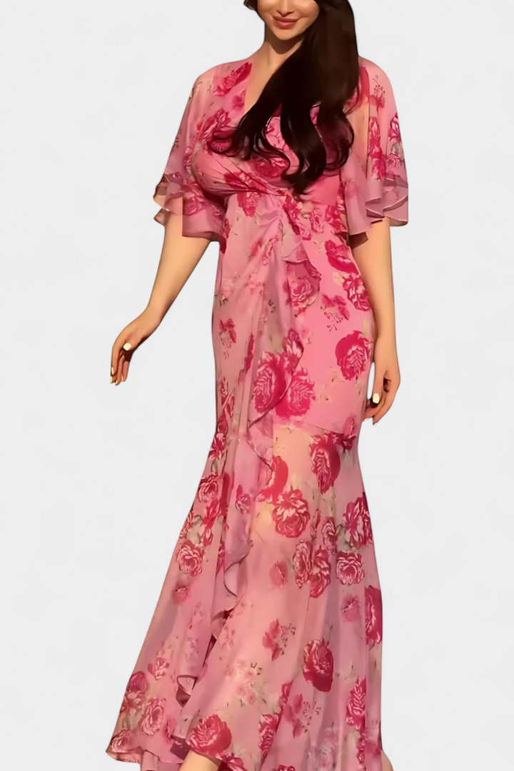 Sima Kryžminė Suknelė su V Formos Dekolte ir Išplečiamomis Rankovėmis