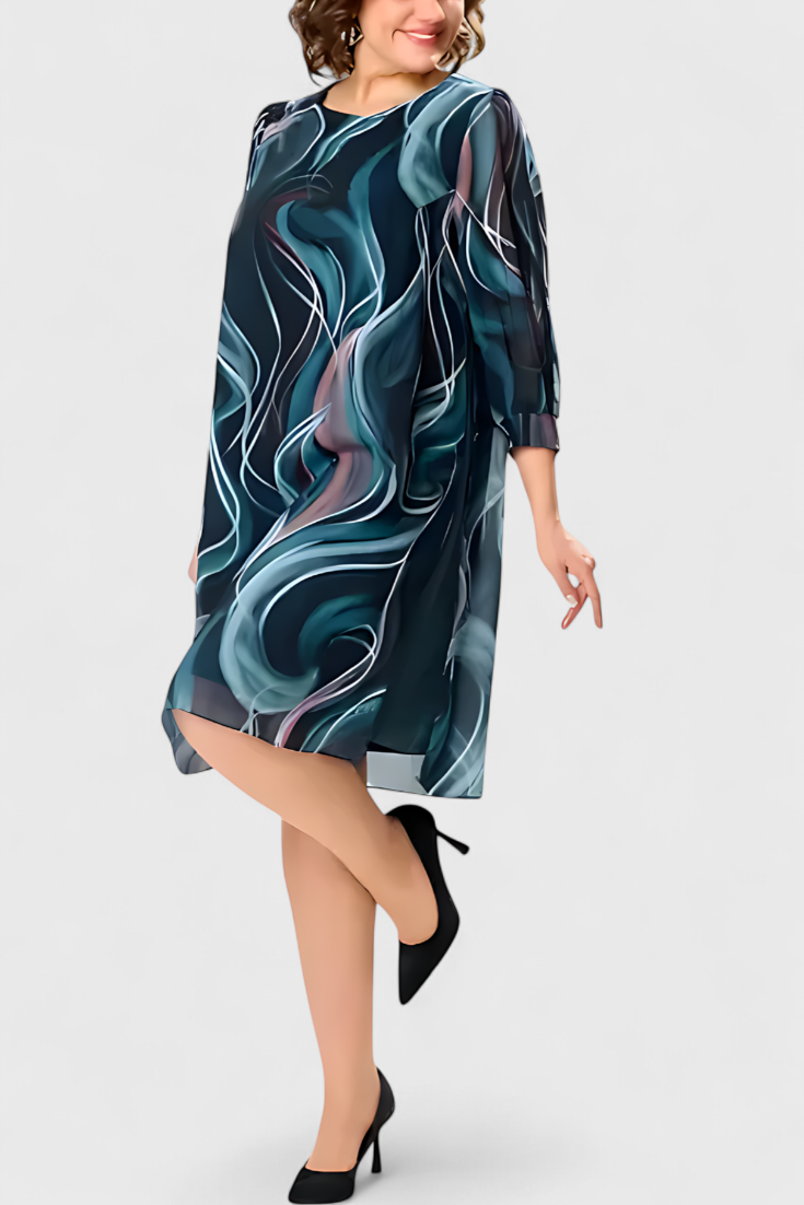 Almira Oro Suknelė su Vandenyno Sukimo Raštu ir Plazdančiu Kirpimu