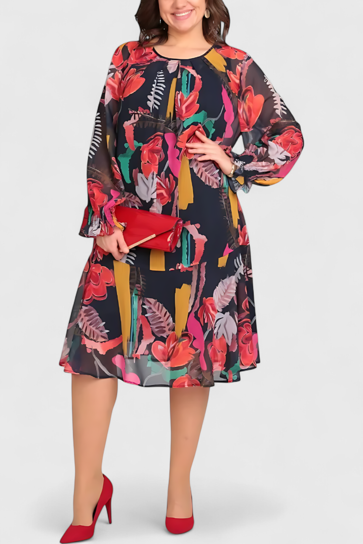 Annegret Midi Gėlių Suknelė su Ilgomis Rankovėmis ir Plazdančiu Siluetu