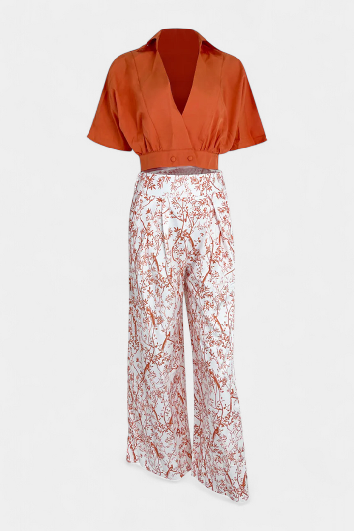 Conjunto Olivia Boho com decote em V e pernas largas