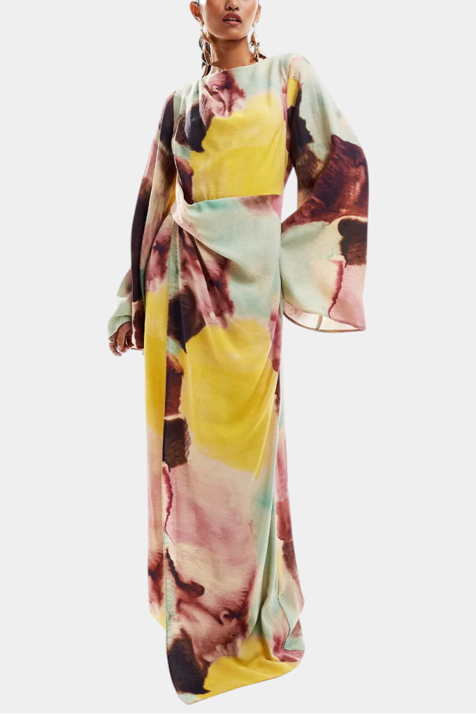 Dana Maxi Suknelė su Akvarelės Spauda ir Skulptūriniu Priekiu