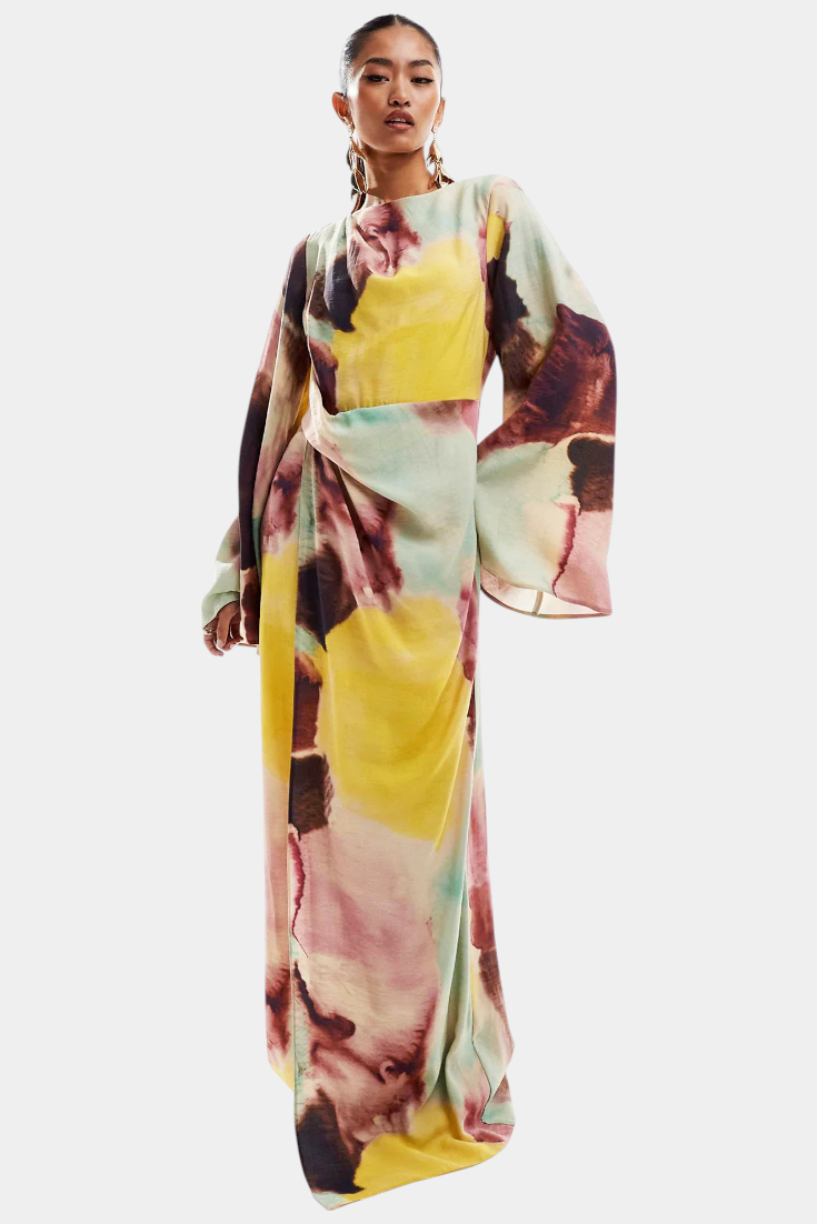 Dana Maxi Suknelė su Akvarelės Spauda ir Skulptūriniu Priekiu