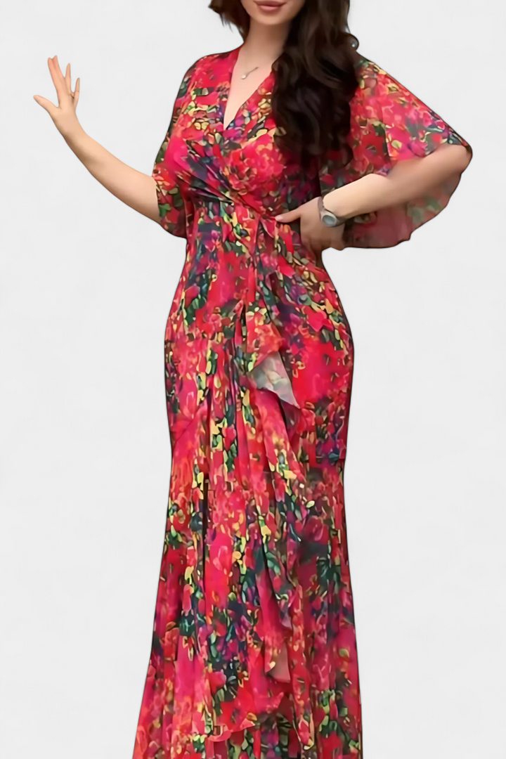 Sima Kryžminė Suknelė su V Formos Dekolte ir Išplečiamomis Rankovėmis