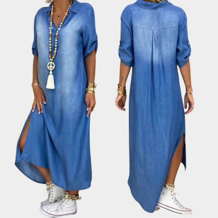 Lea™ | Ilga džinsinė suknelė su šoniniu įpjovimu