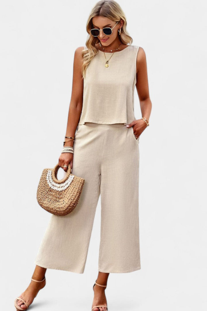 Lavinia Boho komplektas iš lino ir medvilnės topu ir šortais