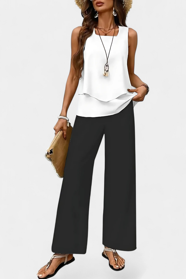 Martina Boho Elegantiškas Komplektas Be Rankovių su Tiesiomis Kelnėmis su Raštu