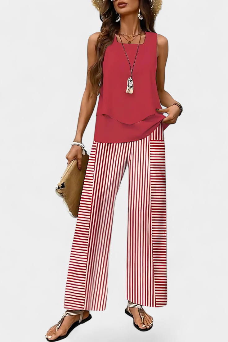 Martina Boho Elegantiškas Komplektas Be Rankovių su Tiesiomis Kelnėmis su Raštu