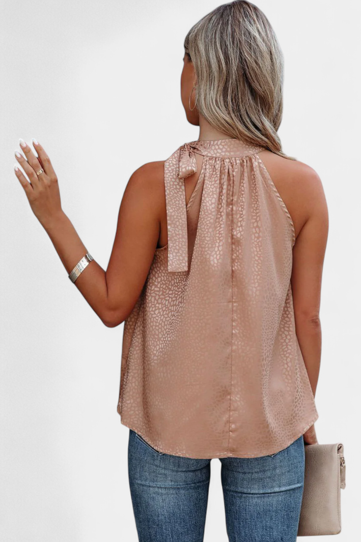 Adela | Leopardų raštuotas be rankovių su aukšta apykakle ir kaspinu