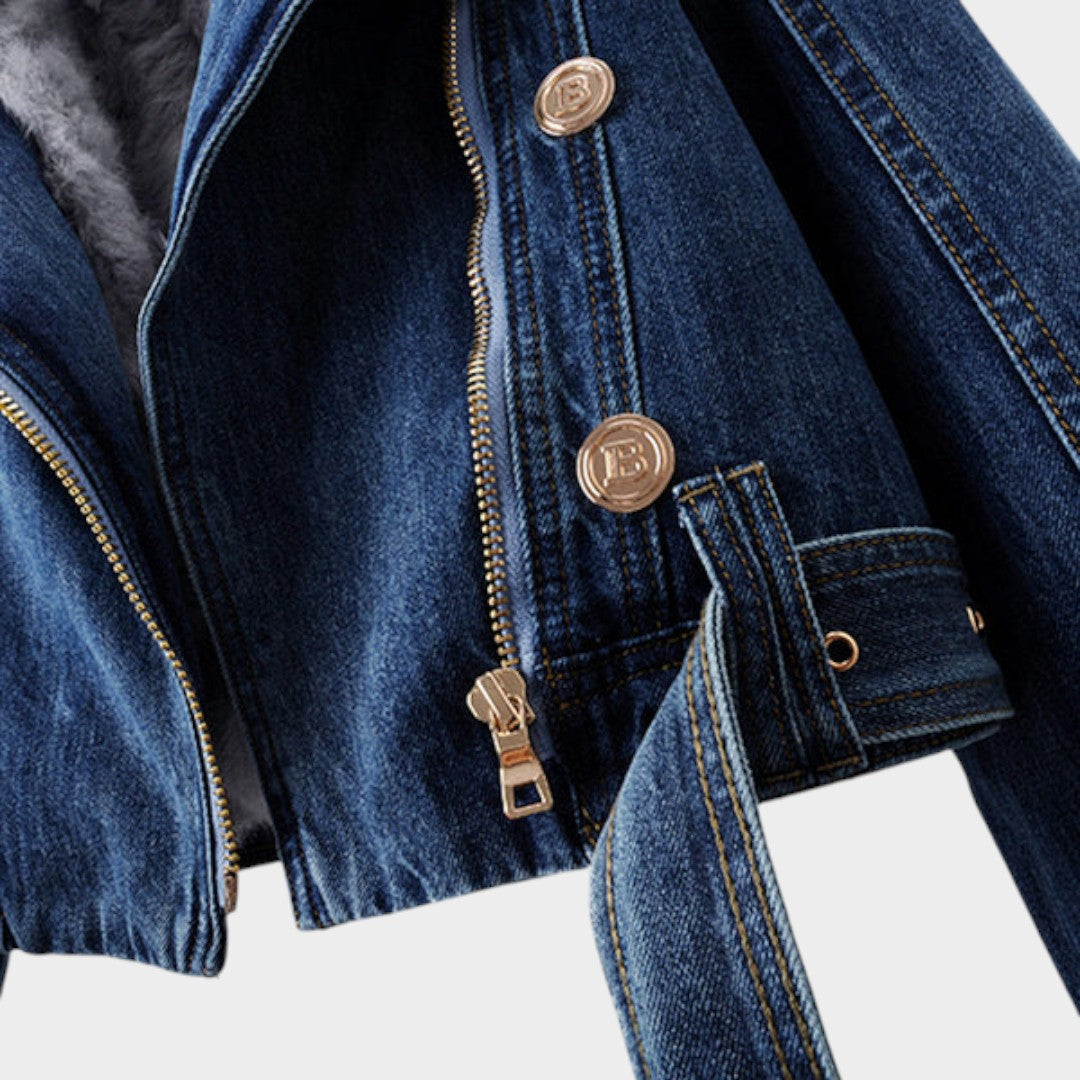 Alessia™ | Moteriška Džinsinė Striukė su Vilnoniu Apykakle