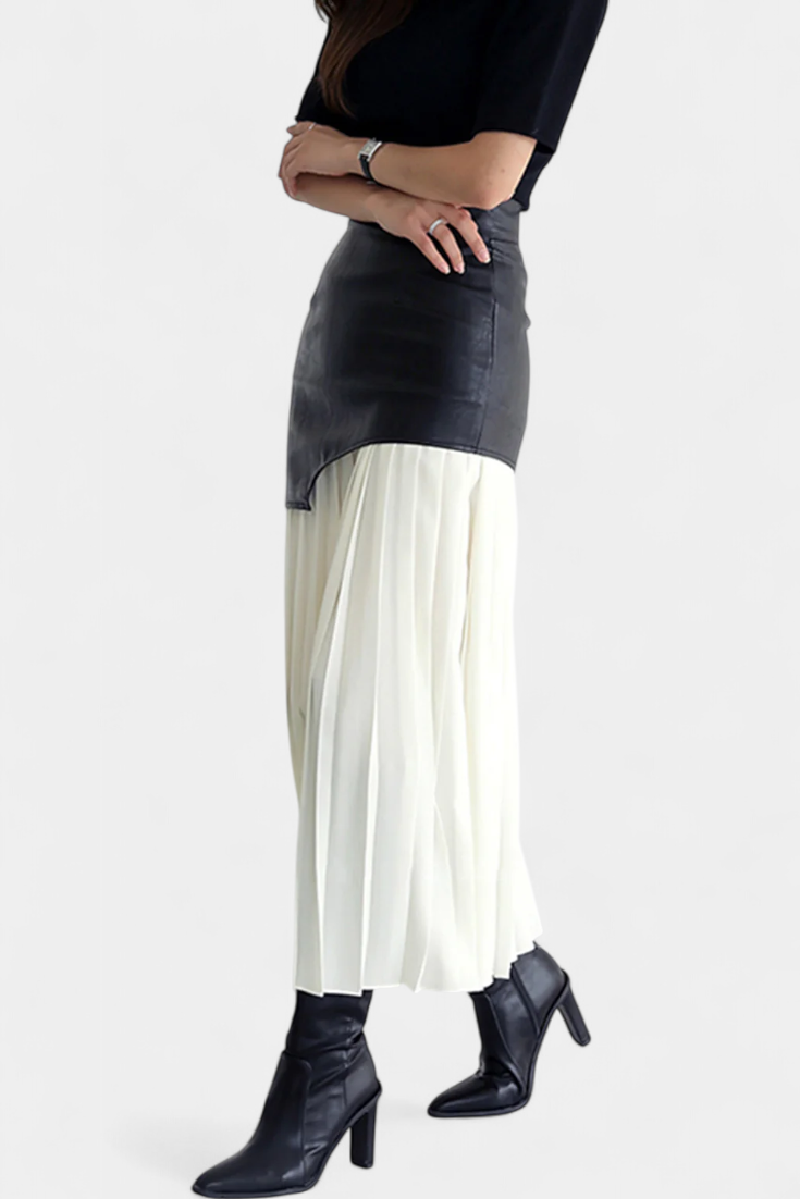 Noelle Falda Maxi Asimetrinė iš Šifono ir Sintetinės Odos