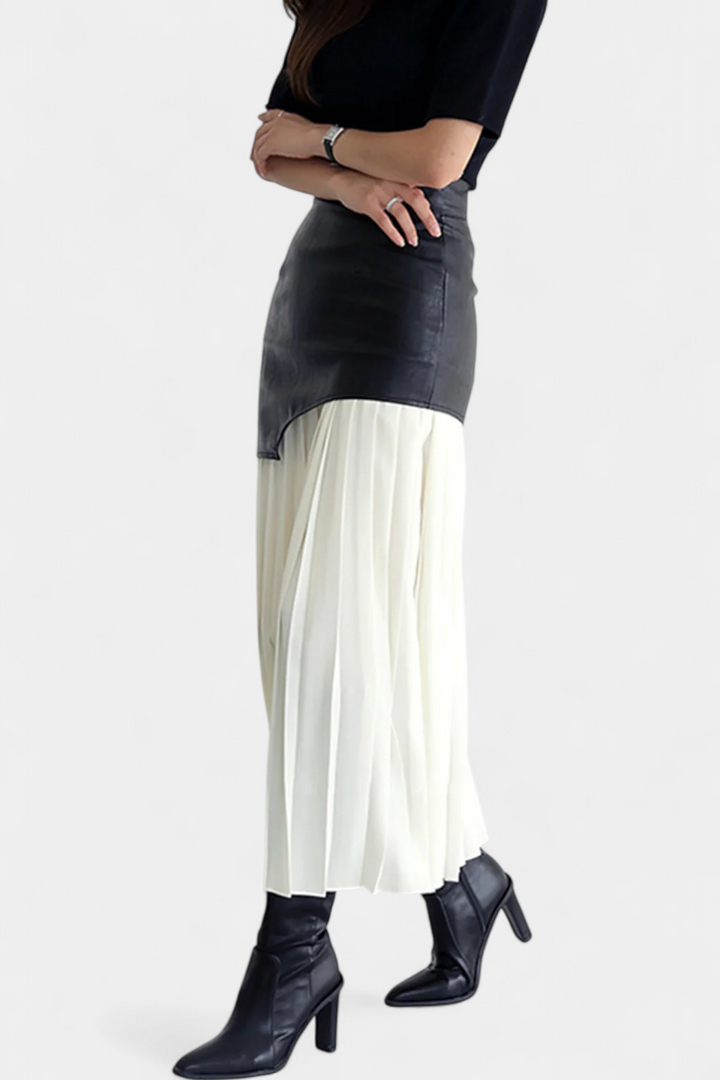 Noelle Falda Maxi Asimetrinė iš Šifono ir Sintetinės Odos