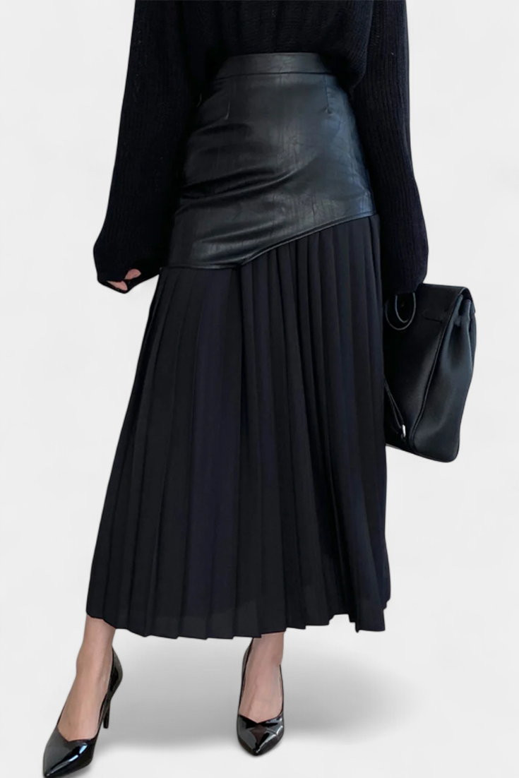 Noelle Falda Maxi Asimetrinė iš Šifono ir Sintetinės Odos