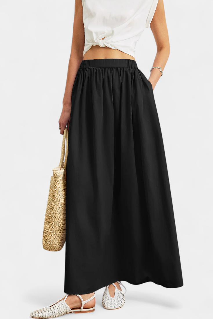 Saias Yora em A com cintura elástica e bolsos