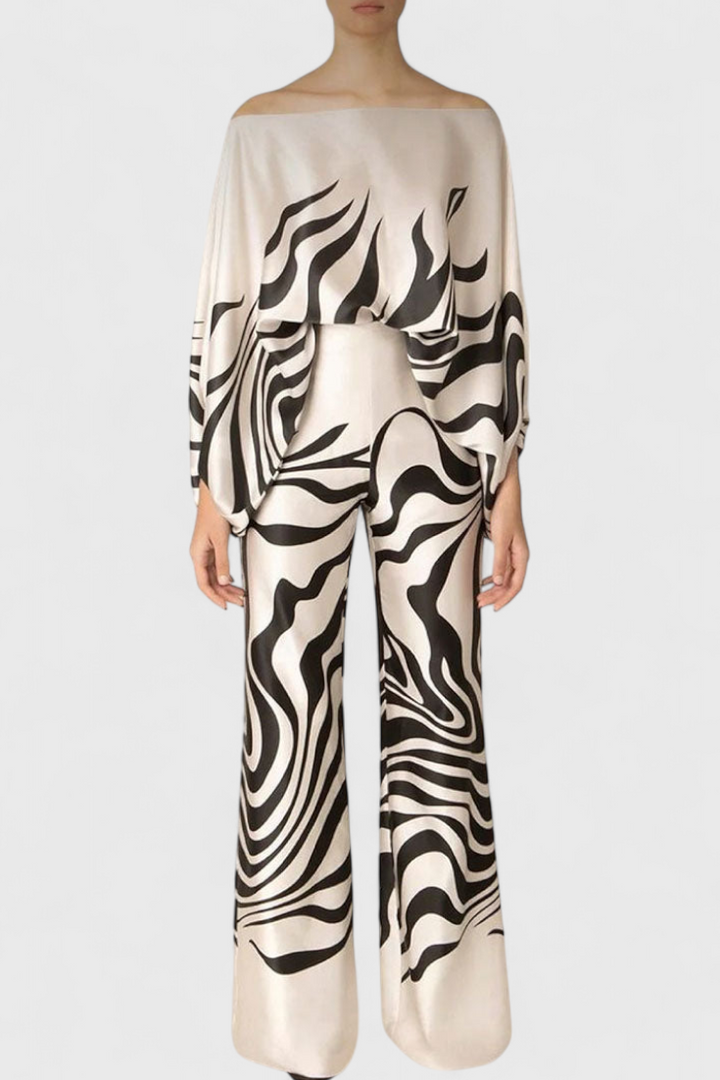 Sybella Dviejų Dalių Komplektas su Atvirais Pečiais ir Plačiomis Kelnėmis