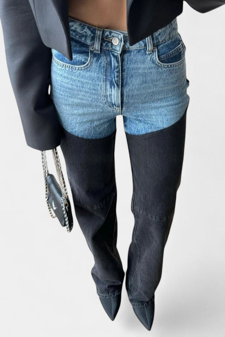 Mijie aukšto liemens džinsai su patchwork ir tiesiomis kojomis