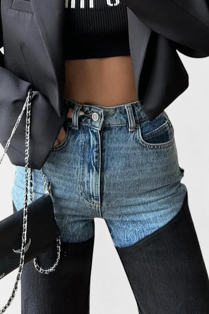 Mijie aukšto liemens džinsai su patchwork ir tiesiomis kojomis