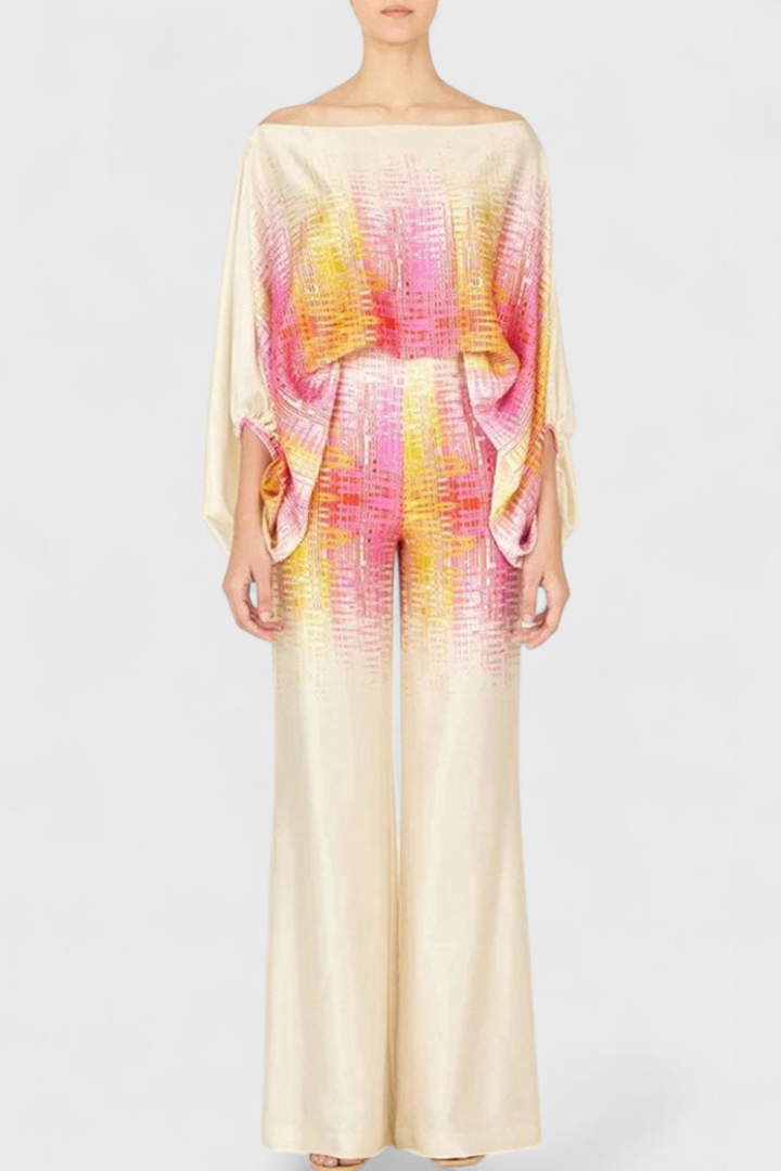 Sybella Dviejų Dalių Komplektas su Atvirais Peties ir Plačiomis Kelnėmis