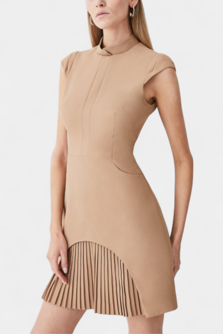 Karen Mini Suknelė su Aukštu Apykakle ir Plisuota Detale