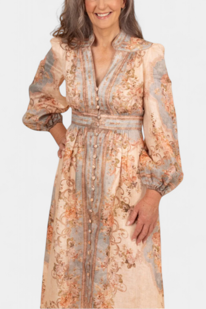 Vestido Maxi Dorotila com Estampa Floral, Botões e Mangas Puff