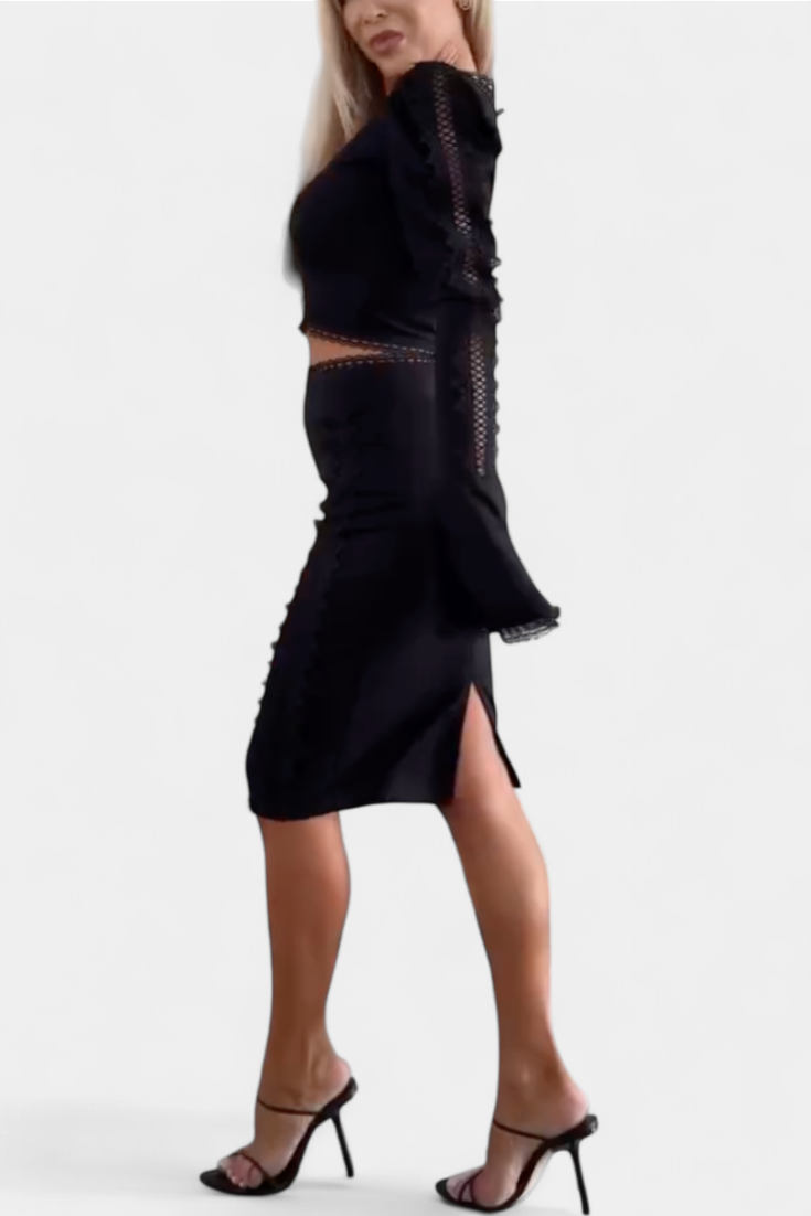 Conjunto Elegante Minerva com Rendas e Saia de Cintura Alta