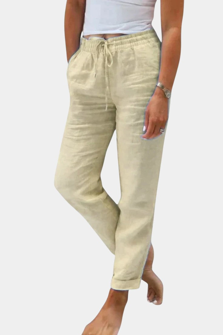 Violetinės Lino Mišinys Kelnės Su Laisvu Kirpimu