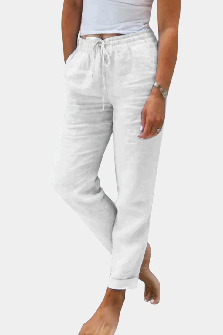 Violetinės Lino Mišinys Kelnės Su Laisvu Kirpimu