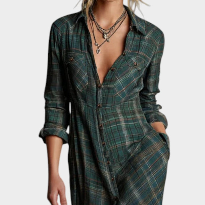 Calipso™ | Ilga žalia kvadratų marškinėlių suknelė