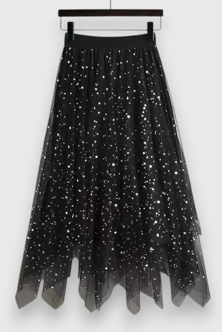 Kolette blizgantis sijonas su iškirptu apatine dalimi ir aukšta juosmens linija