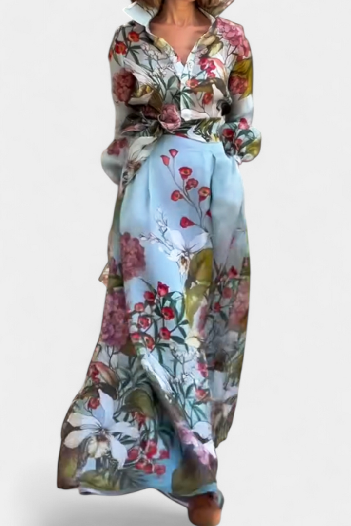 Conjunto Elegante Sanne com Camisas de Padrão Floral e Calças Fluídas