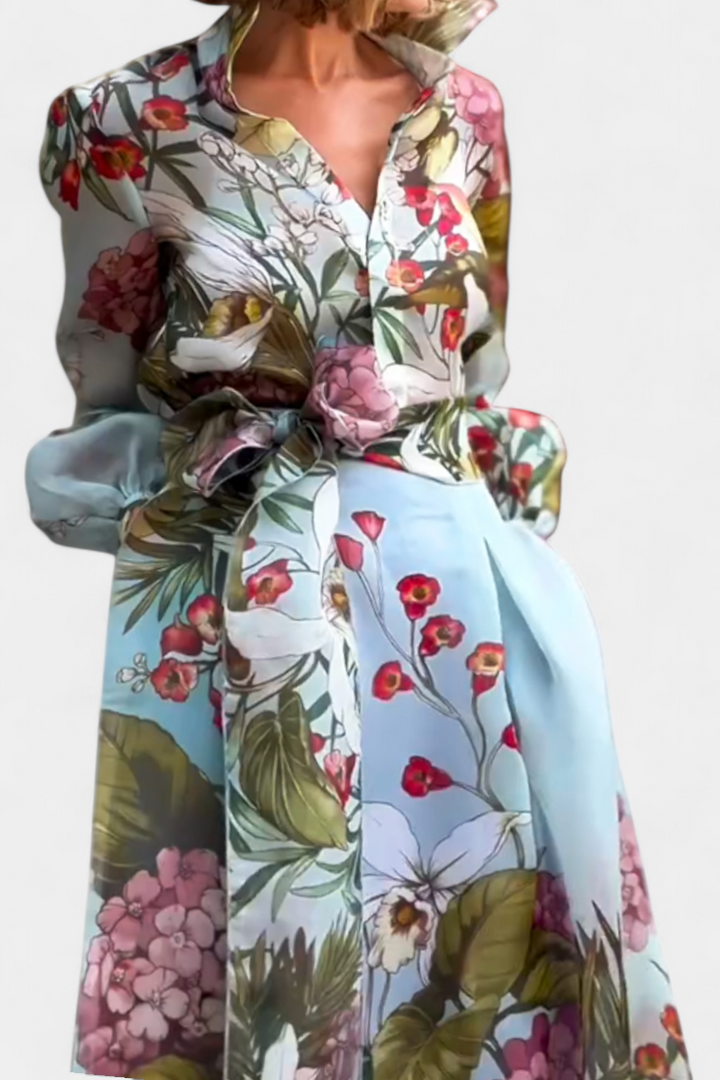 Conjunto Elegante Sanne com Camisas de Padrão Floral e Calças Fluídas