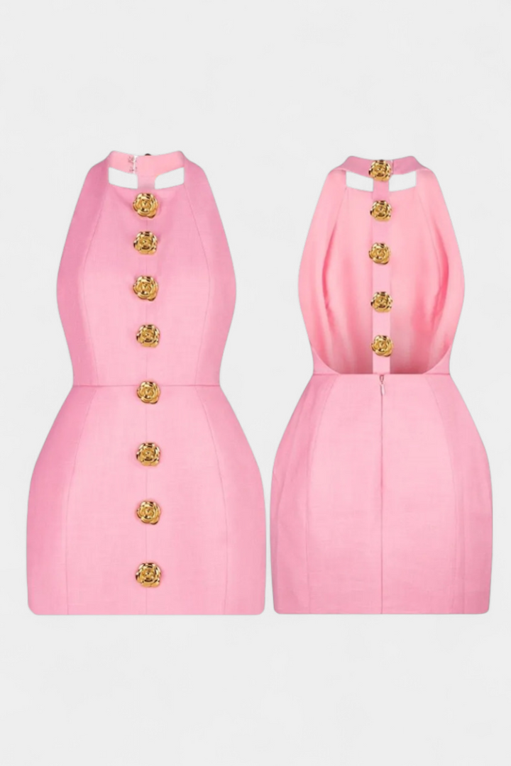 Yvonne Mini Suknelė su Halteriu ir Atvira Nugarą su Gėlių Detalėmis