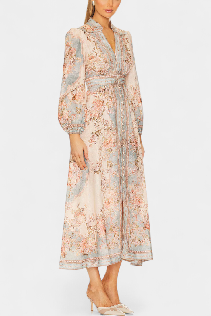 Vestido Maxi Dorotila com Estampa Floral, Botões e Mangas Puff