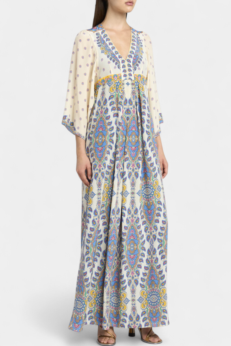 Nuotakos Ilga Suknelė su V Formos Dekolte ir Elegantišku Paisley Raštu