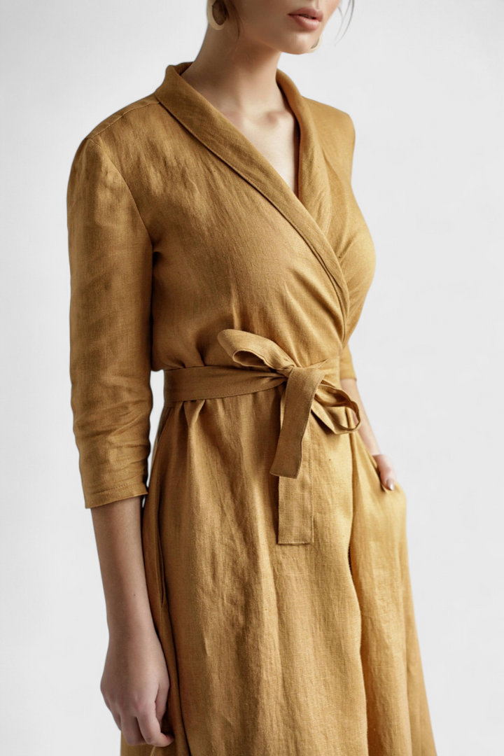 Sharon Midi Suknelė Vintage iš Medvilnės ir Lino su Atlenkiamu Apykakle