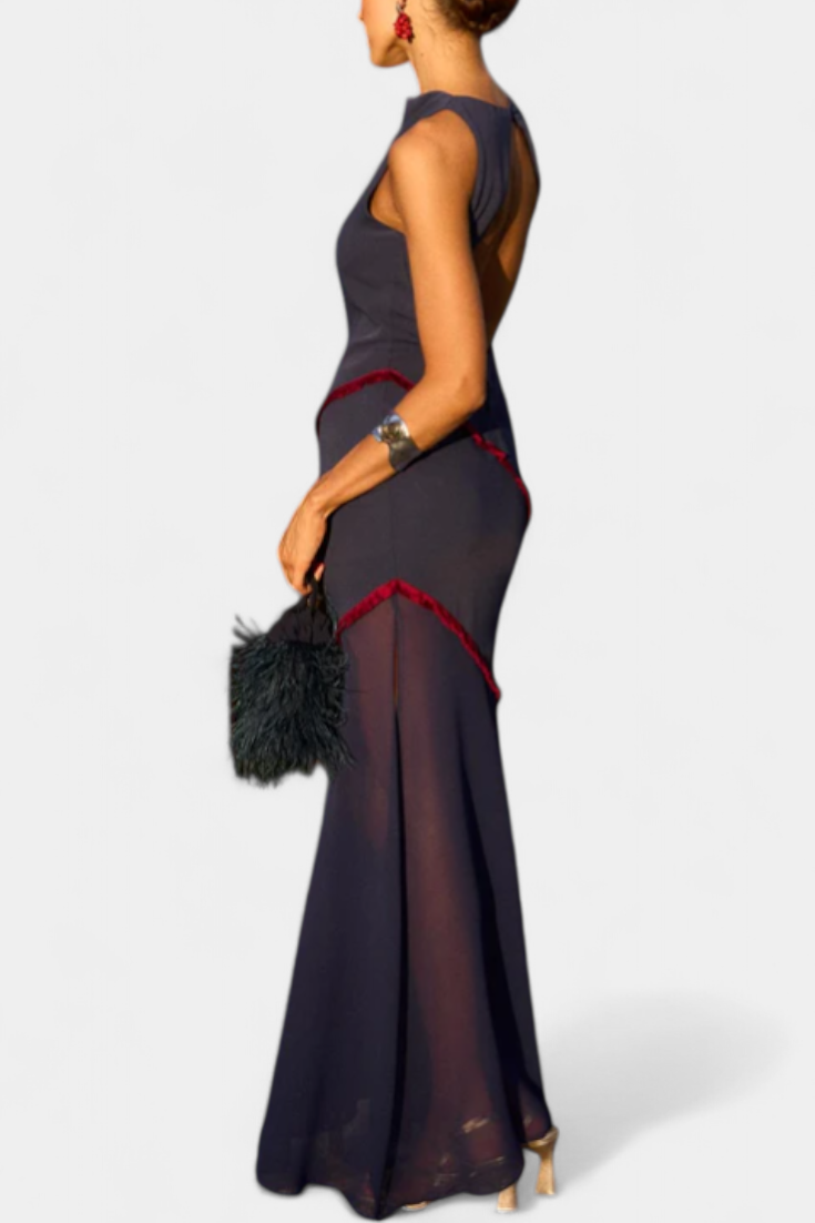 Orfila Midi Bodycon Suknelė su Šifonu ir Kontrastingais Akcentais