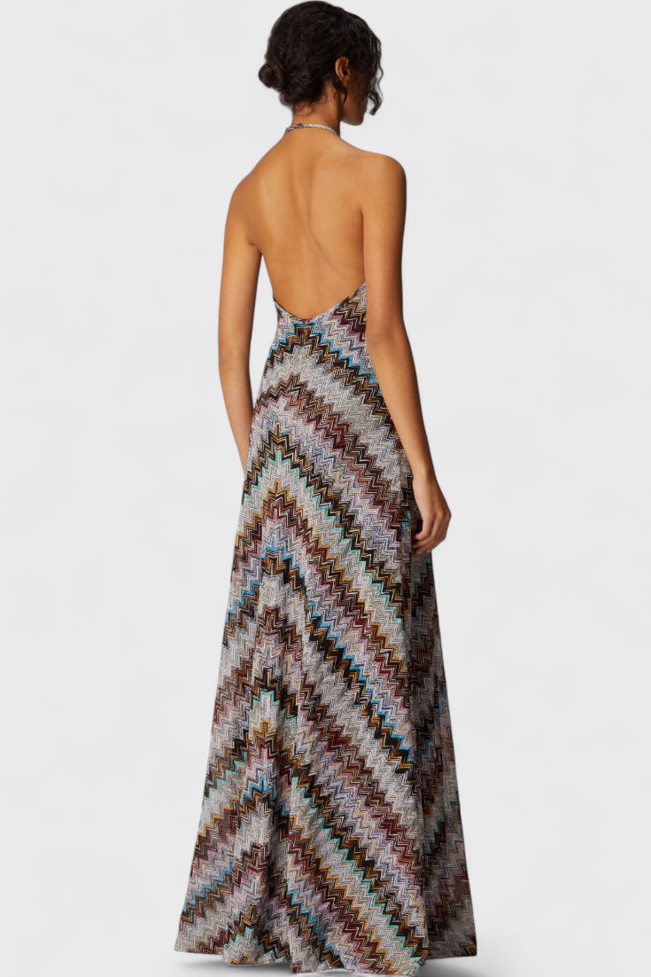 Vestido Halter Melisa com Lamé Zigzag e Acabamento Iridiscente