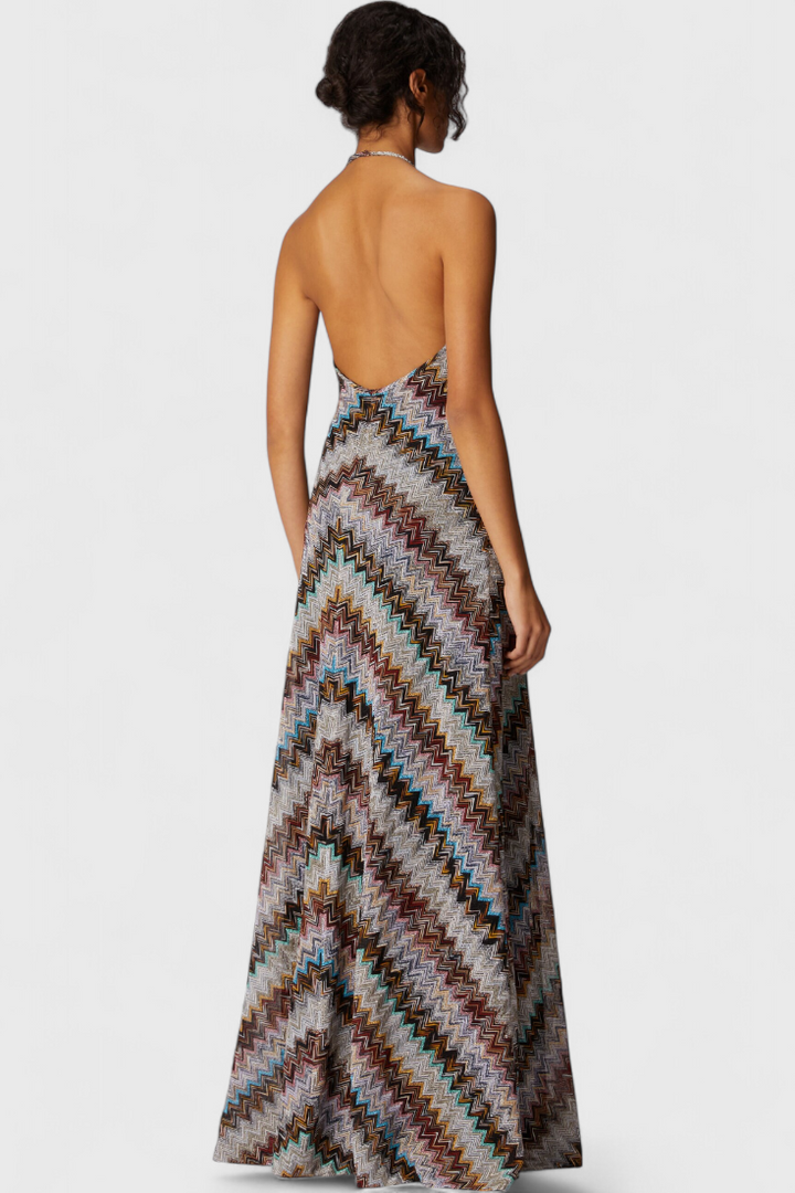 Vestido Halter Melisa com Lamé Zigzag e Acabamento Iridiscente