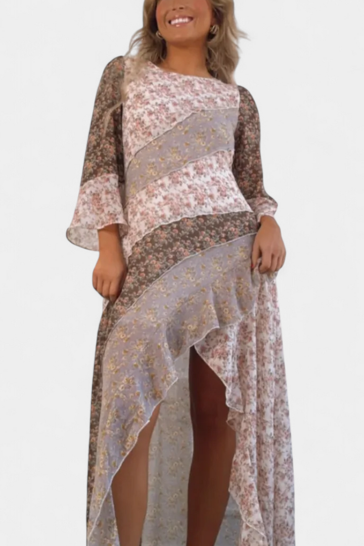 Ruth Garais Vestido de Flores com Mangas 3/4 e Bordas Assimétricas