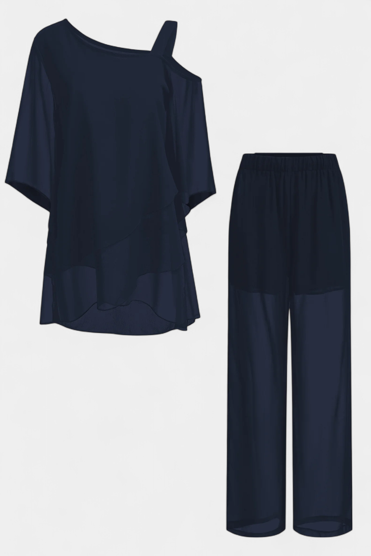 Katės Dviejų Dalių Komplektas su Atvirais Petnešomis ir Plūstančiu Siluetu