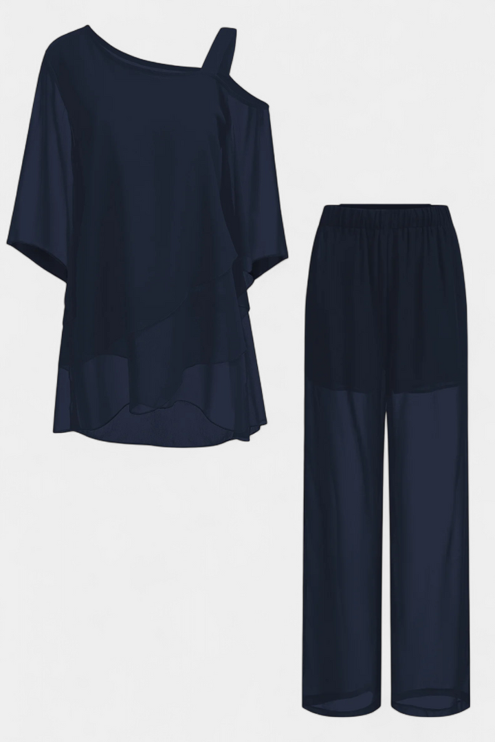 Katės Dviejų Dalių Komplektas su Atvirais Petnešomis ir Plūstančiu Siluetu