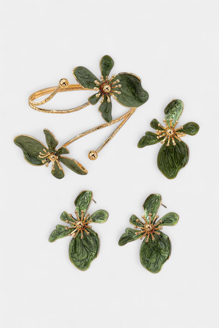 Gėlių Aksesuarų Komplektas: Apyrankė + Auskarai + Žiedai